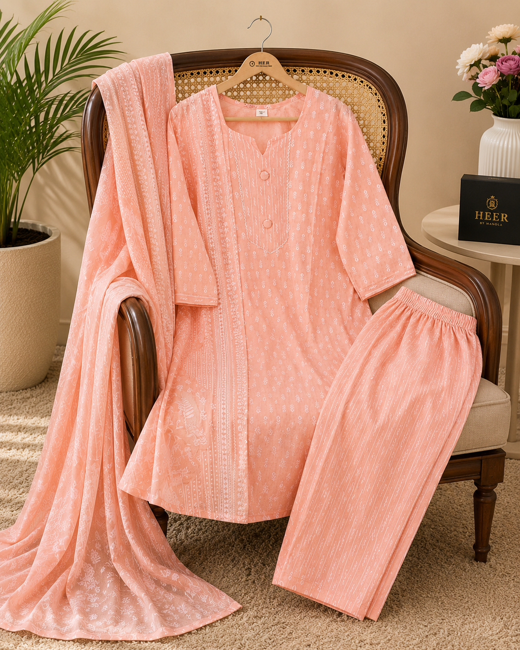 Elegant Peach Printed Kurta Set with Dupatta q562825