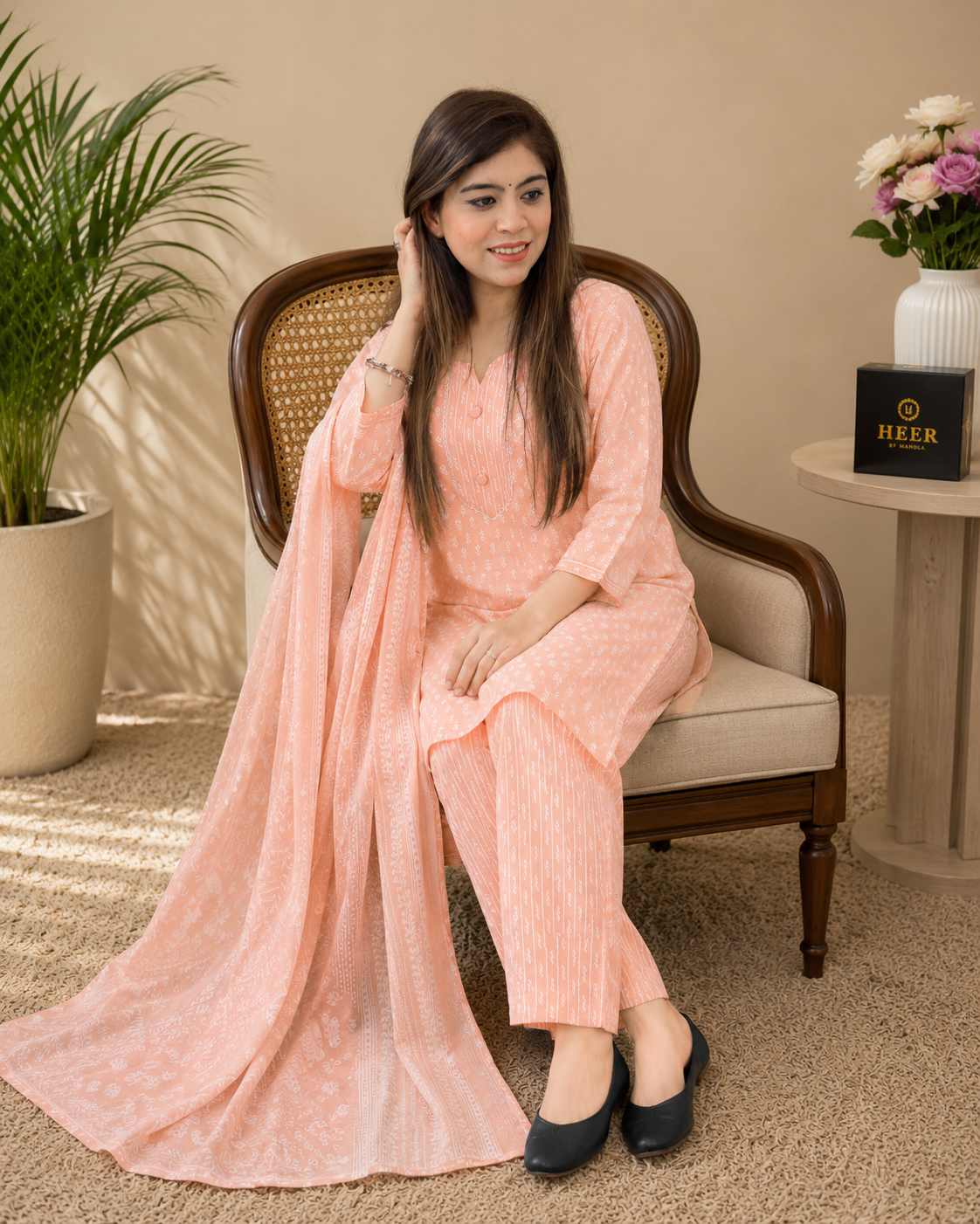 Elegant Peach Printed Kurta Set with Dupatta q562825