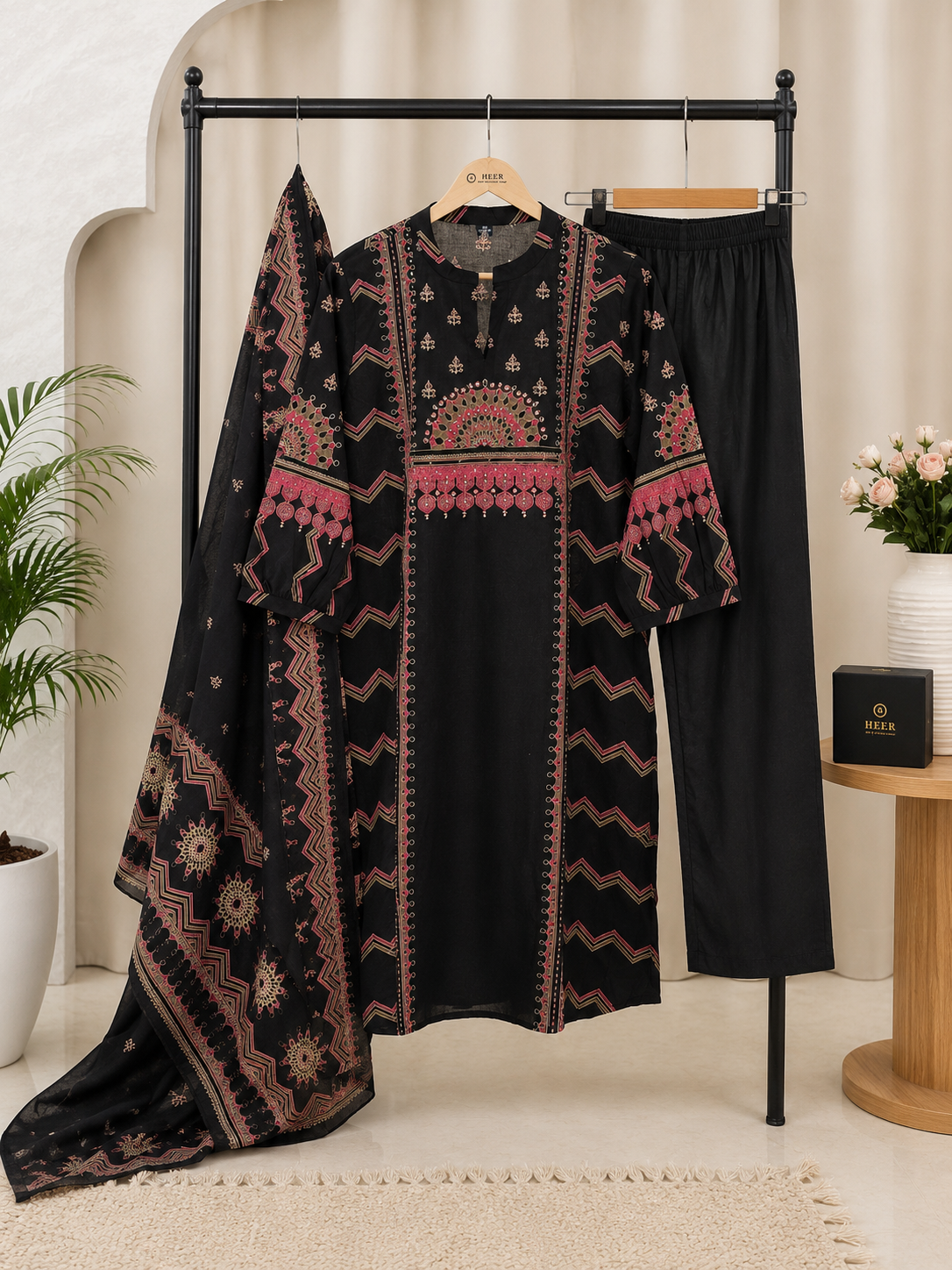 Elegant Black Printed Kurta Set with Coordinated Dupatta q562808