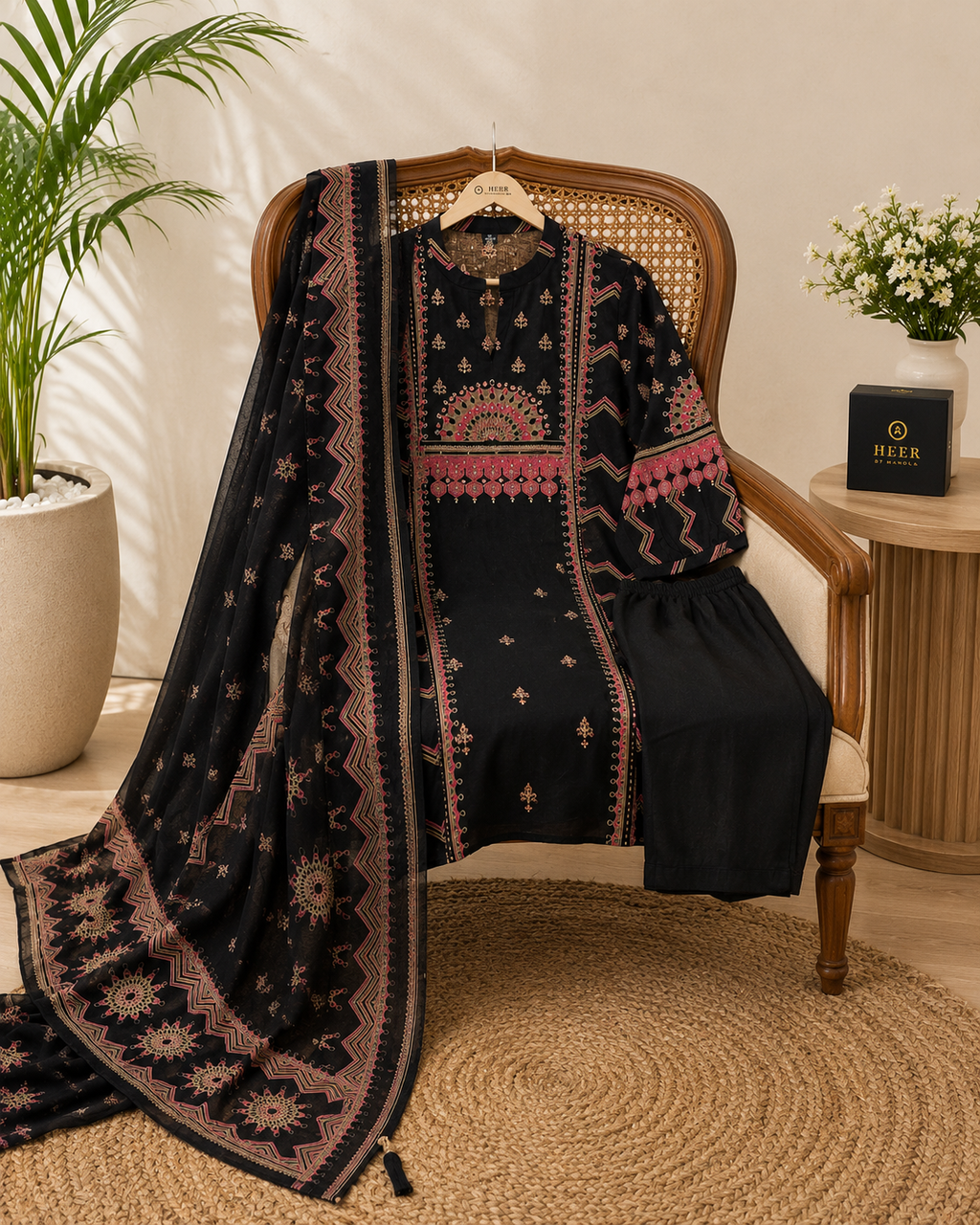 Elegant Black Printed Kurta Set with Coordinated Dupatta q562808