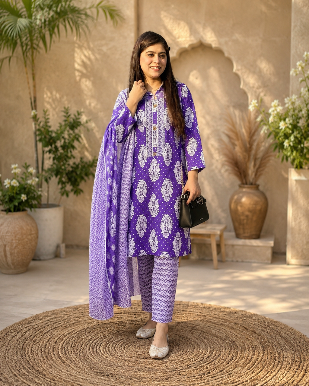 Vibrant Violet Floral Printed Kurta Set  q562664