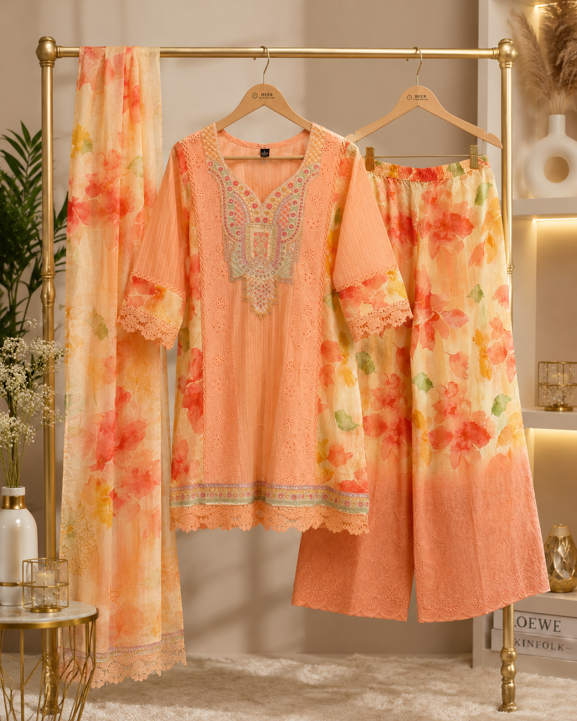 Peach Floral Embroidered Kurta Set q562842
