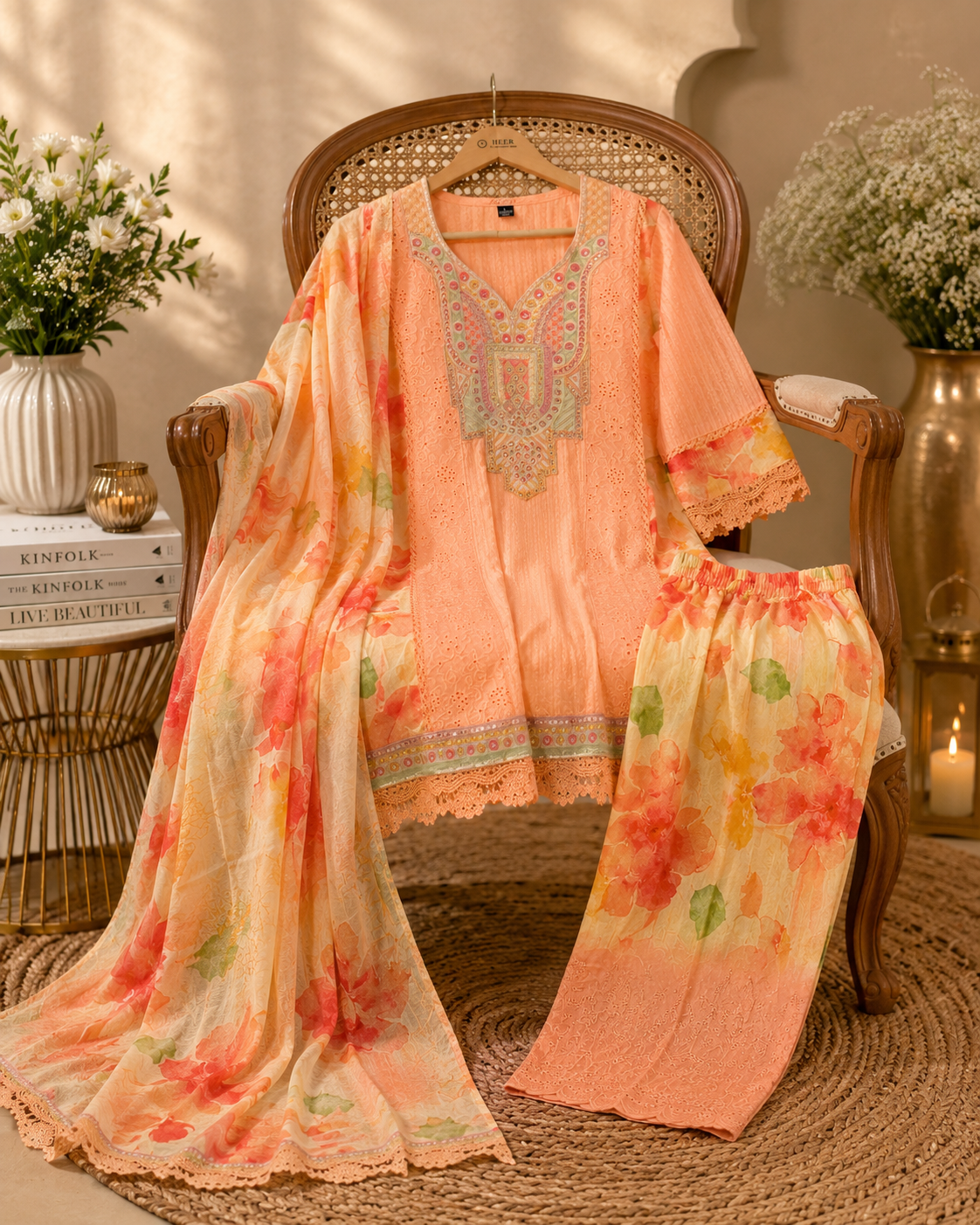 Peach Floral Embroidered Kurta Set q562842