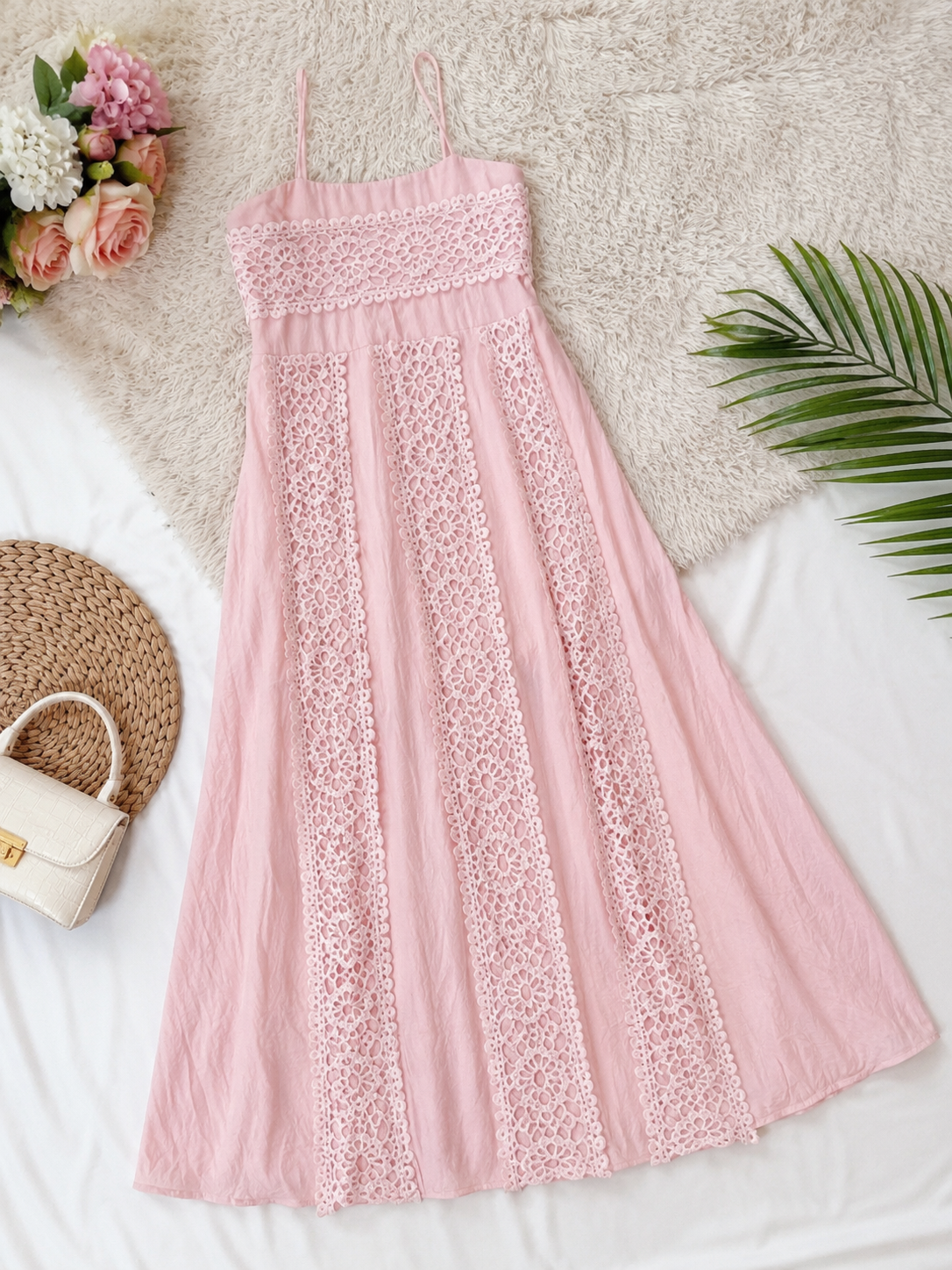 Q562563 Blush Pink Cotton Lace Detail Midi Dress for Women