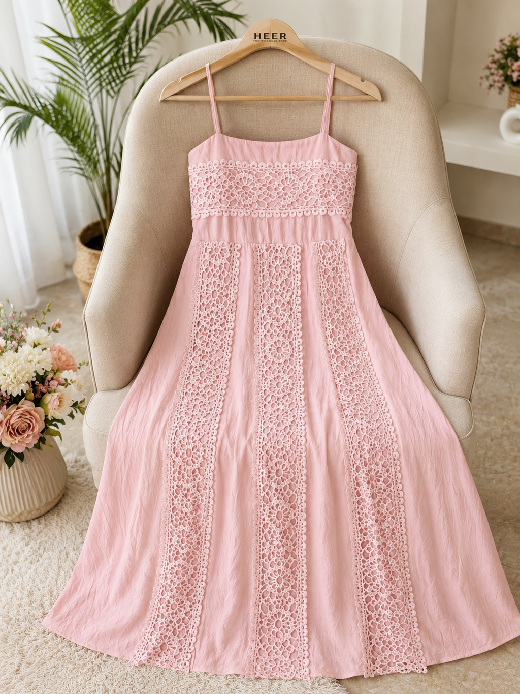 ₹1919 Pink Cotton Lace Detail Midi Dress
