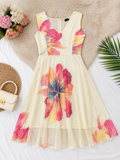 Q562565 White & Pink Floral Sleeveless Midi Dress