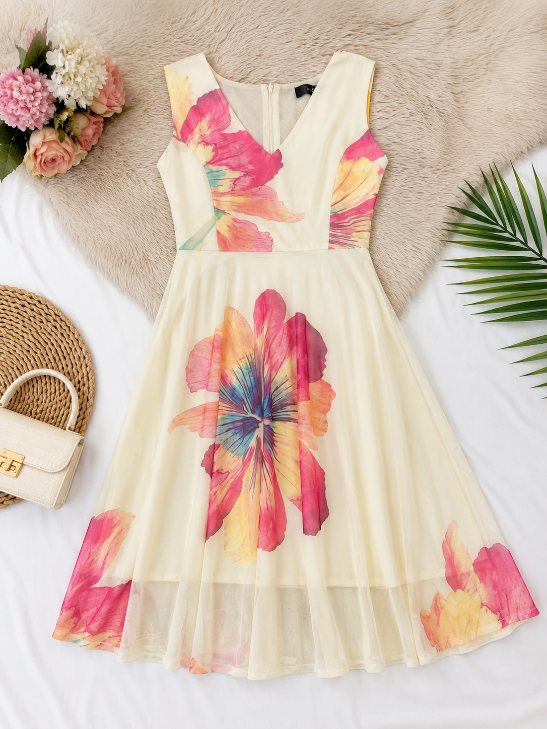 Q562565 White & Pink Floral Sleeveless Midi Dress