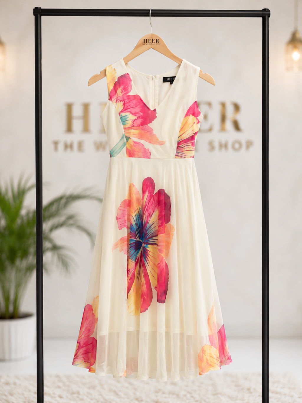 ₹1519 White & Pink Floral Sleeveless Midi Dress