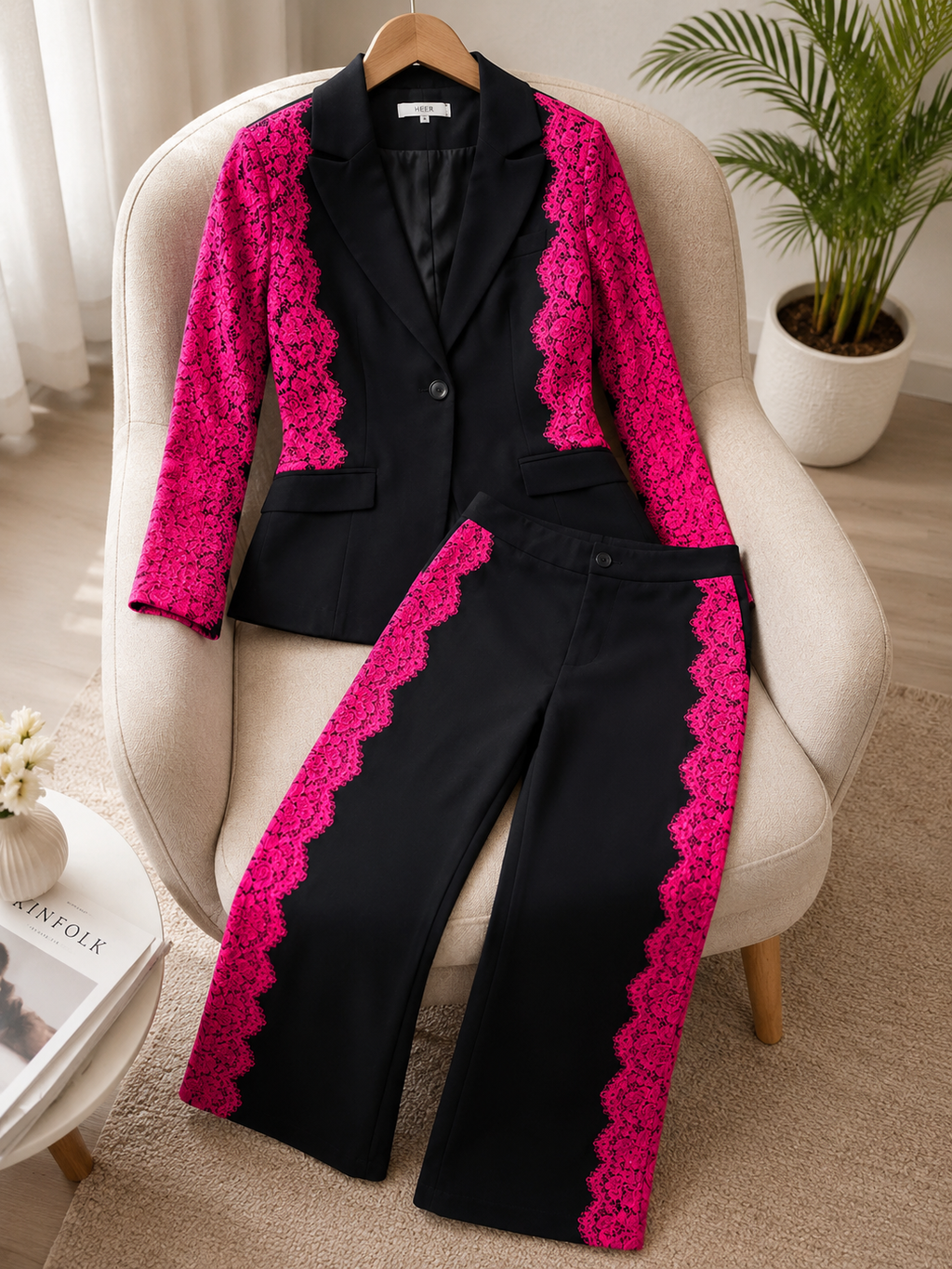 Q56721 Black Designer Co-ord Set with Pink Floral Lace Detailing