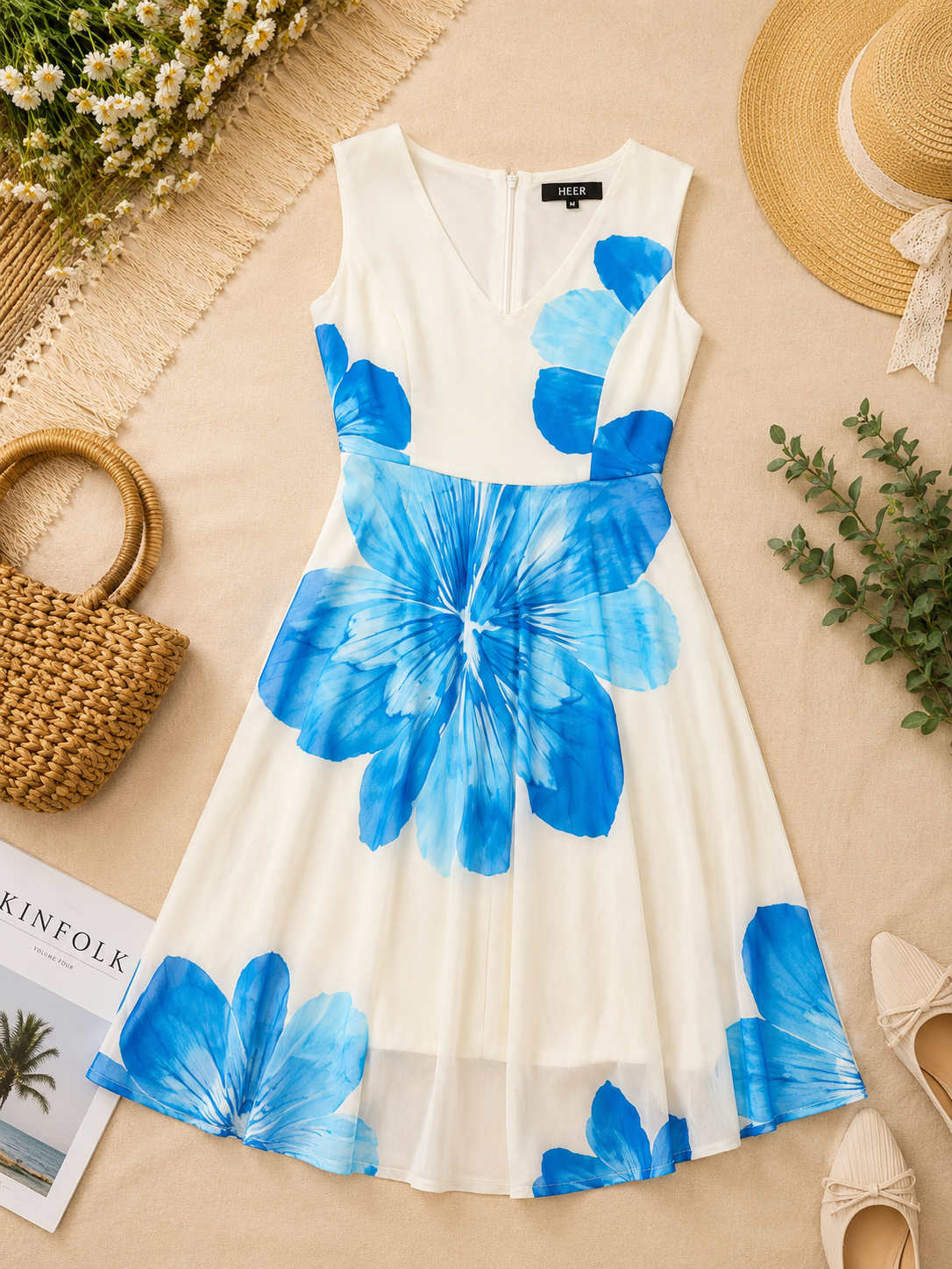 Q562565 White & Blue Floral Sleeveless Midi Dress