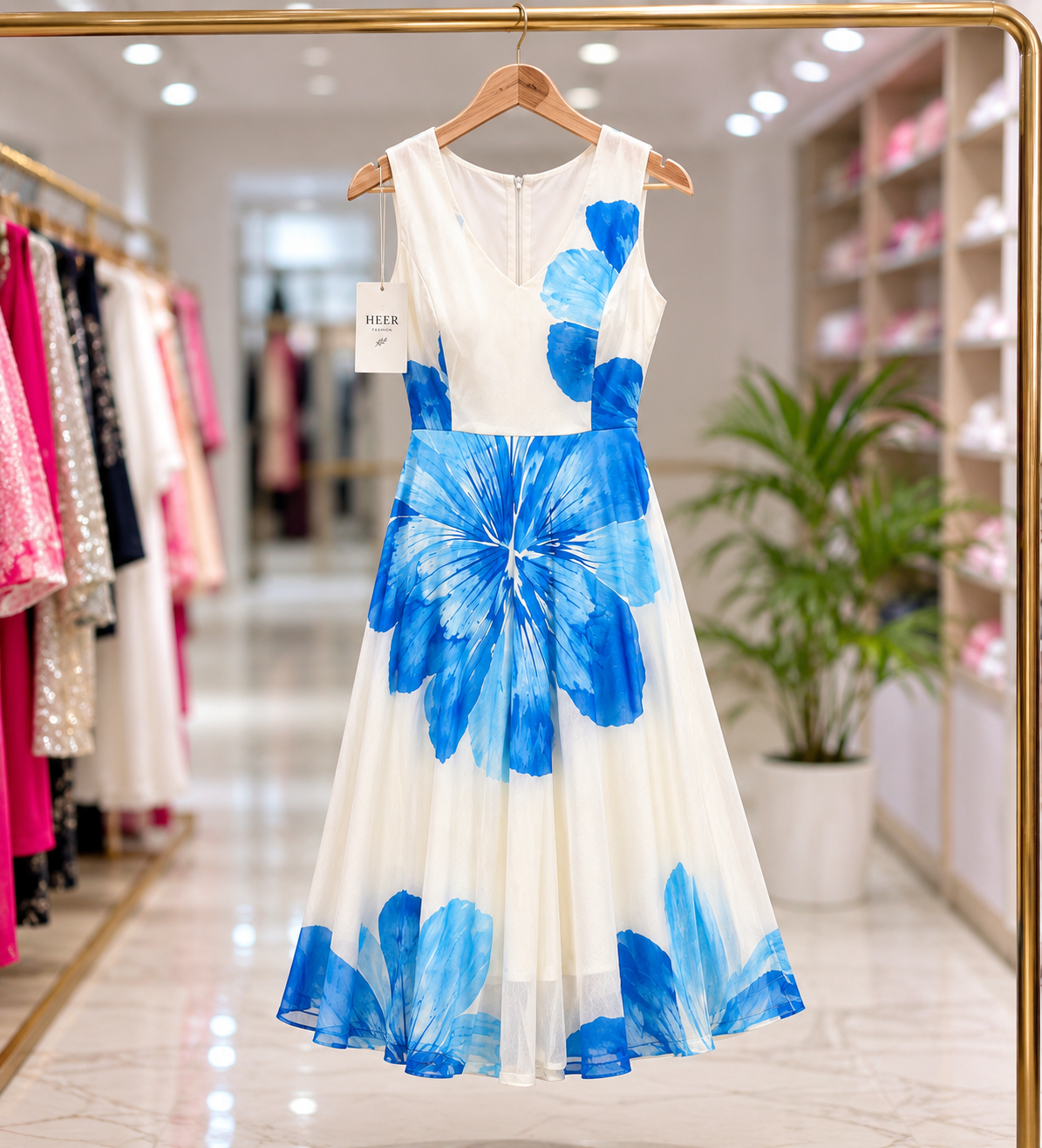 Q562565 White & Blue Floral Sleeveless Midi Dress