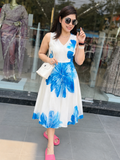 ₹1519 White & Blue Floral Sleeveless Midi Dress