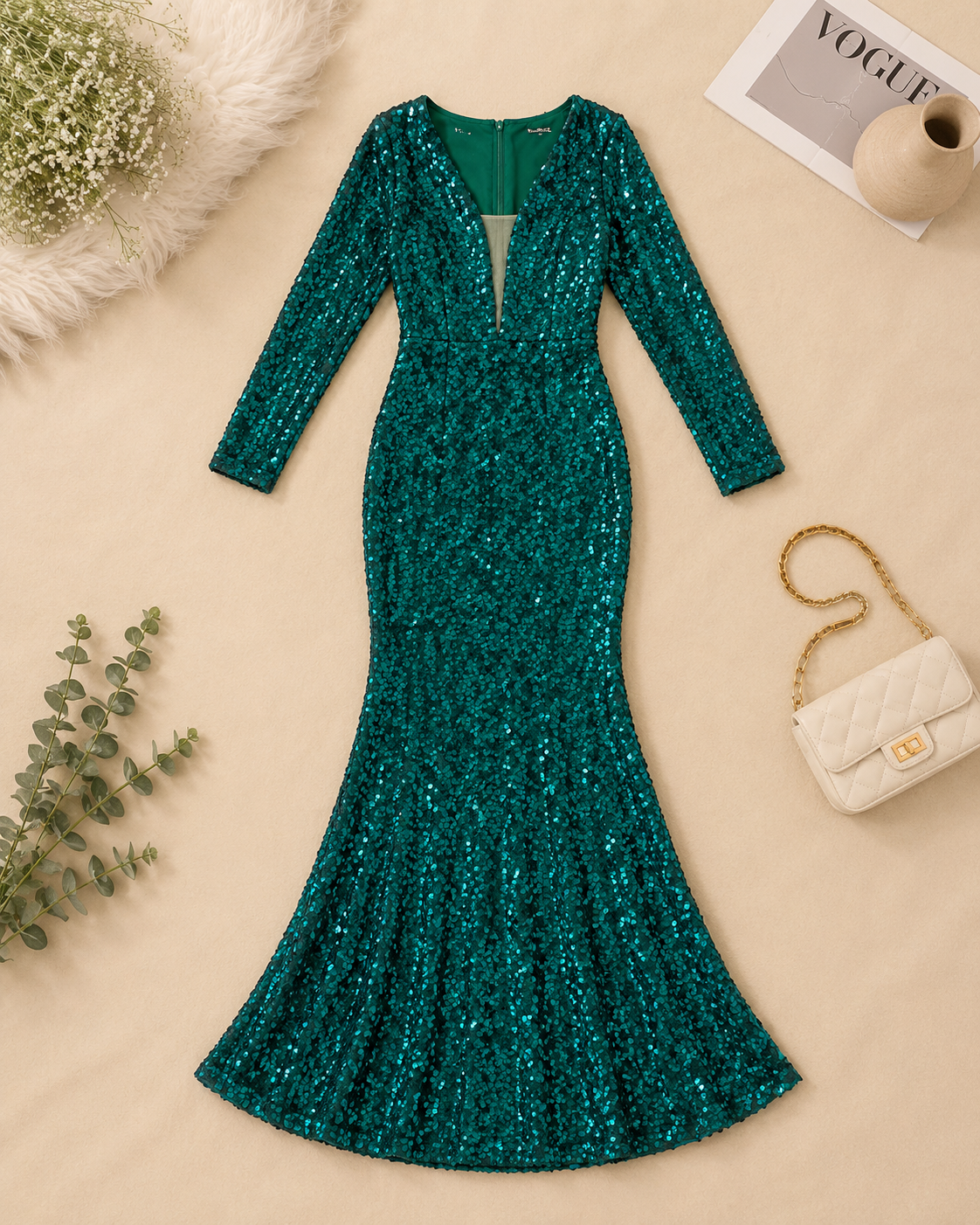 ₹4719 Green sequin western gown with a deep V-neck