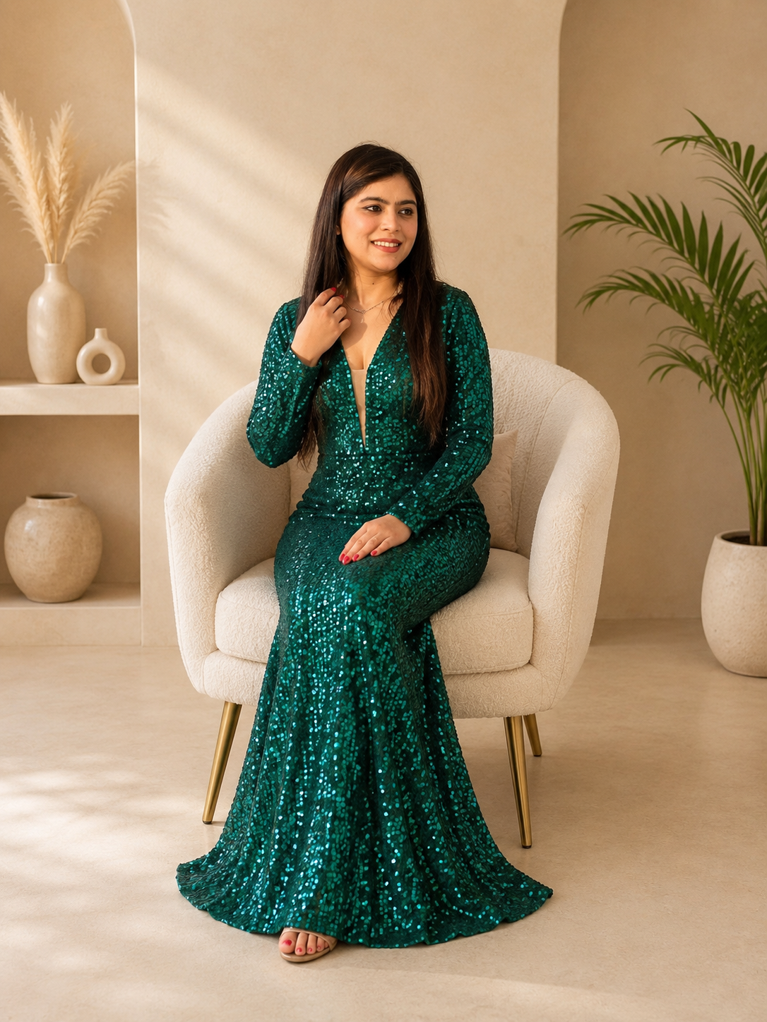 ₹4719 Green sequin western gown with a deep V-neck