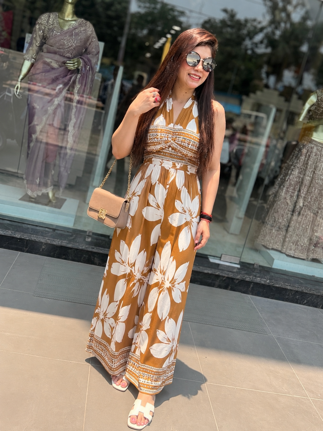 Q562553 Rust brown tropical floral printed sleeveless dress