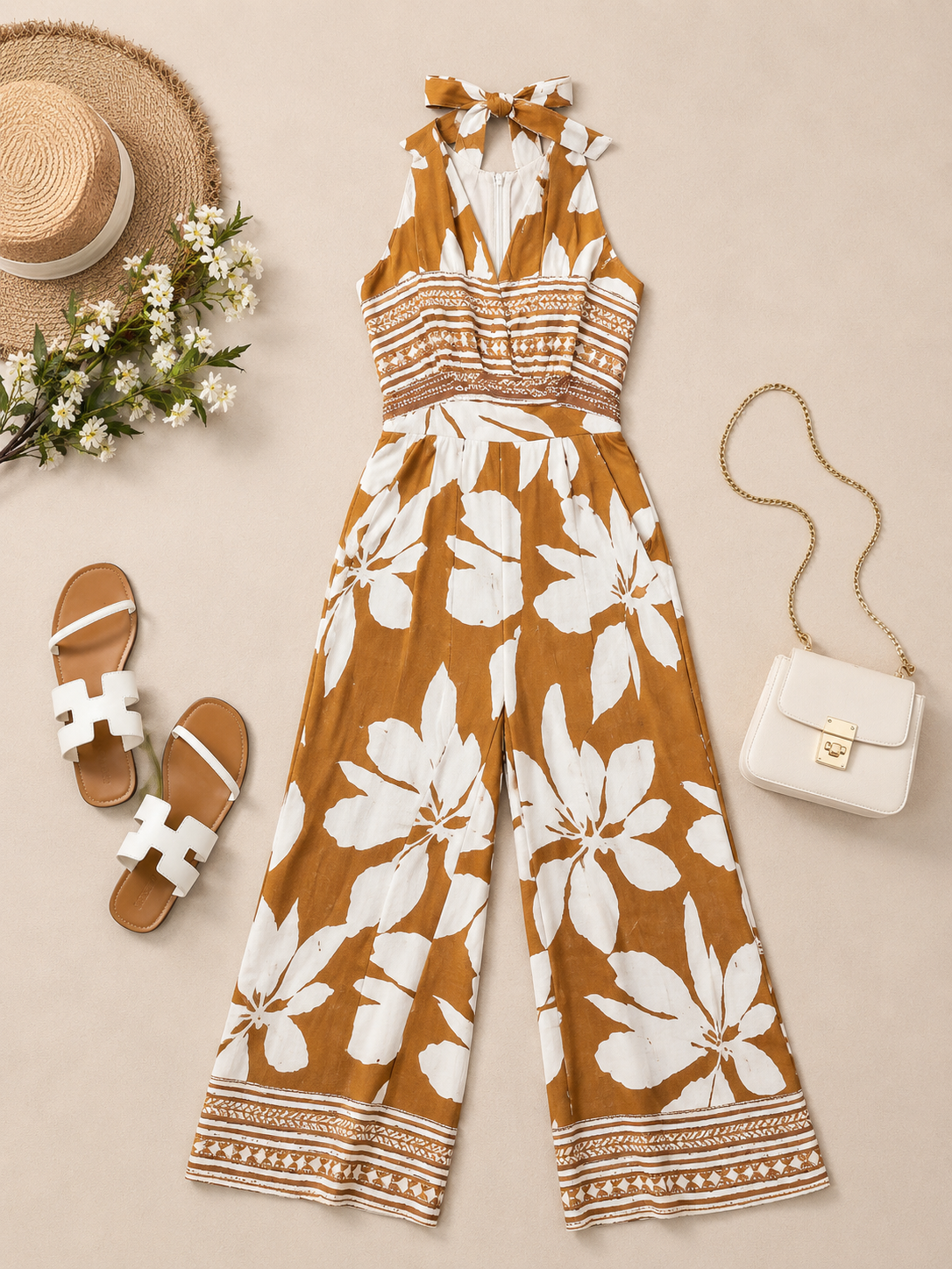 Q562553 Rust brown tropical floral printed sleeveless dress