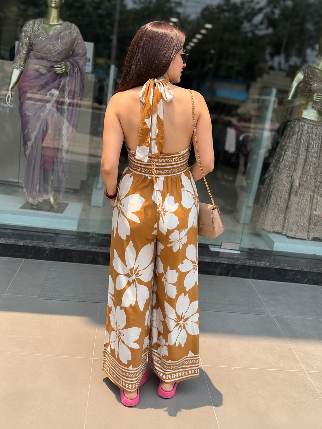 ₹1599 Brown tropical floral printed sleeveless Dress