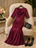 Q561245 Elegant wine shimmer bodycon gown with a flattering mermaid silhouette