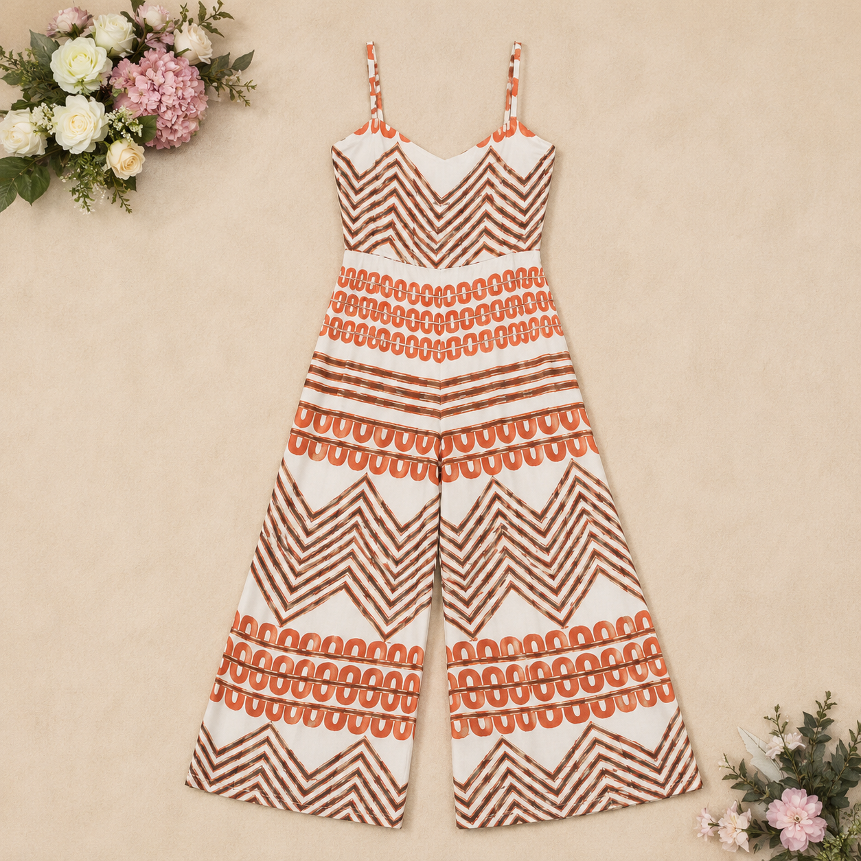 Q562559 Stylish White & Rust Printed Cotton Jumpsuit