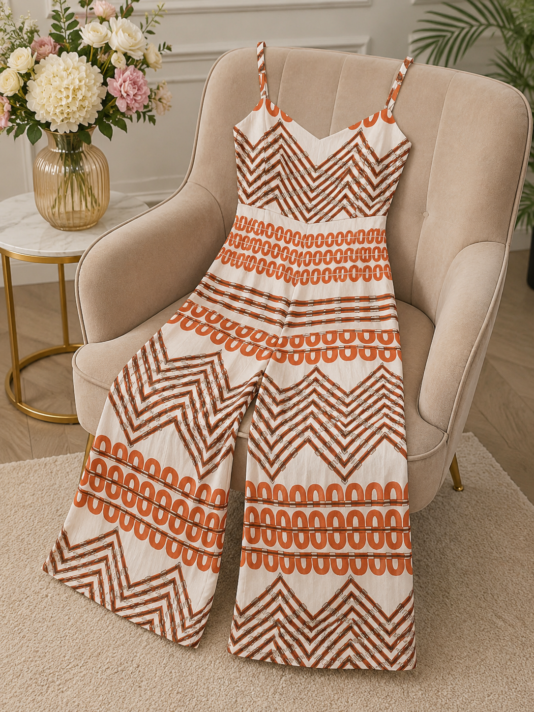 Q562559 Stylish White & Rust Printed Cotton Jumpsuit