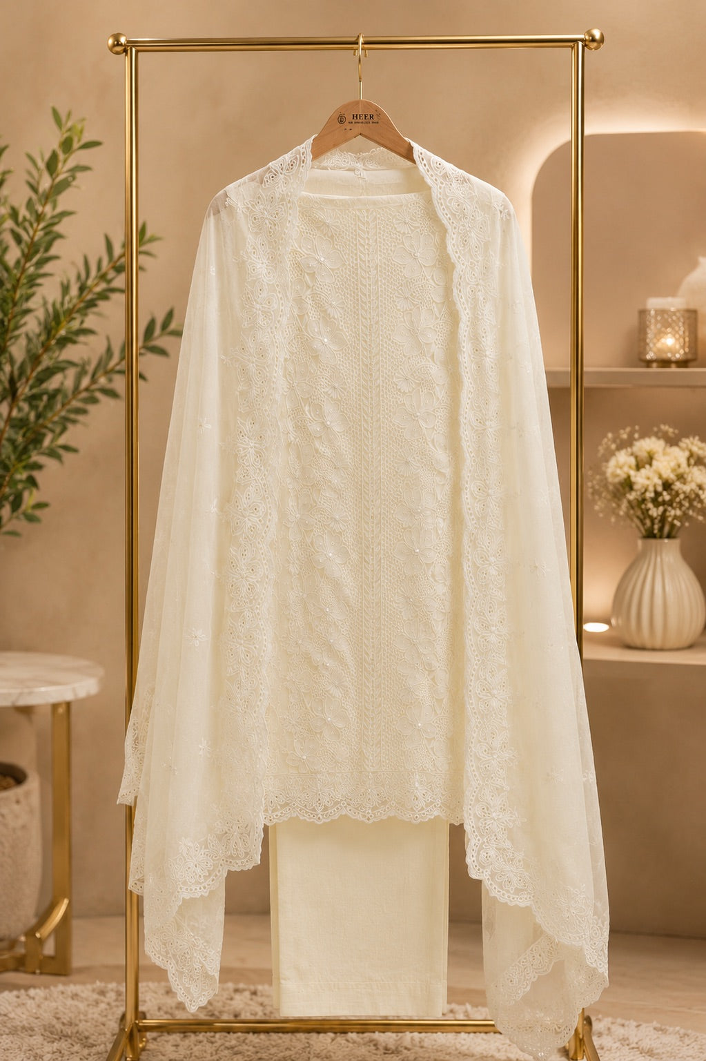 Pristine White Schiffli & Thread Embroidered 3-Piece Formal Suit Set Q562895