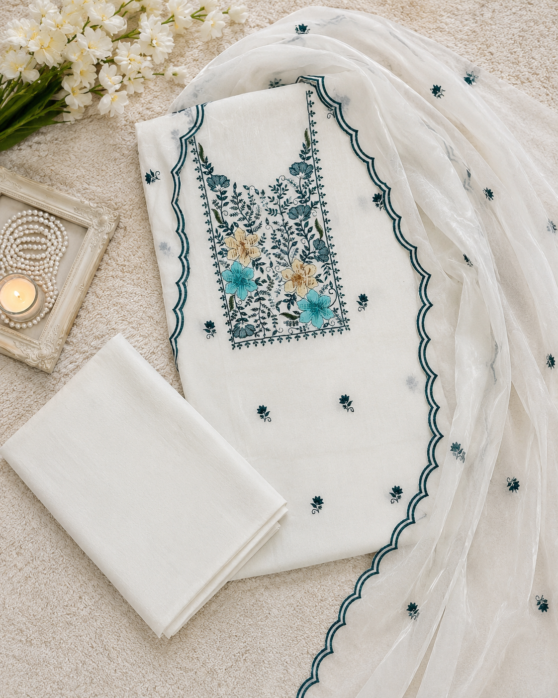 White Floral Embroidered 3-Piece Kurta Set with Teal Scalloped Dupatta Q562888