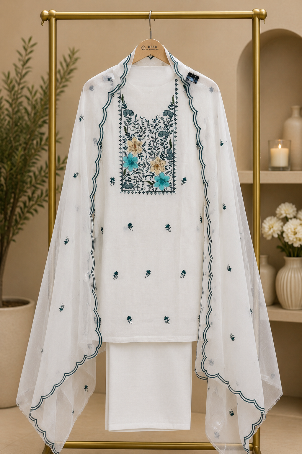 White Floral Embroidered 3-Piece Kurta Set with Teal Scalloped Dupatta Q562888