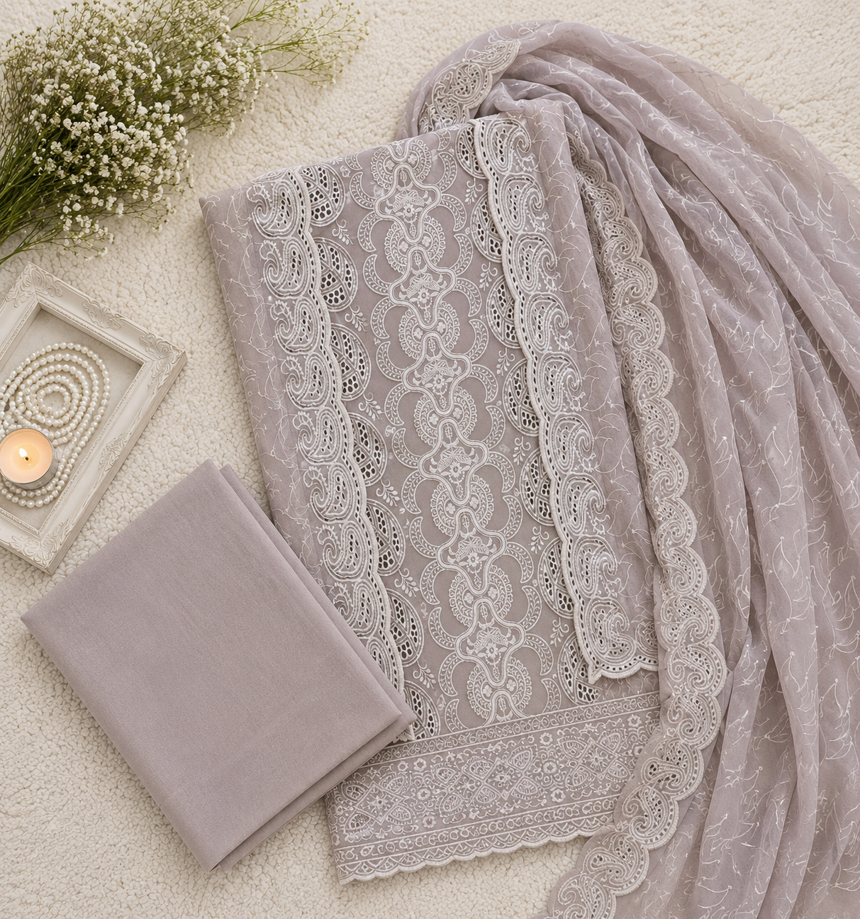 Mauve Lavender Organza Embroidered 3-Piece Formal Suit Set Q562895