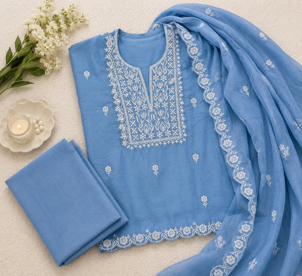 Sky Blue Chikankari Embroidered 3-Piece Kurta Set with Cutwork Dupatta Q562898