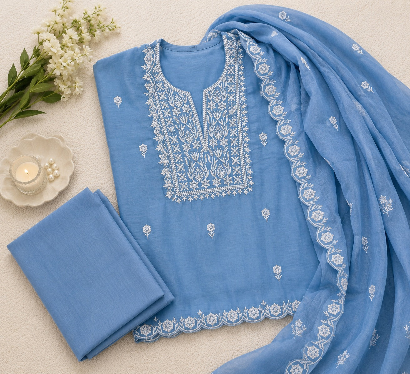 Sky Blue Chikankari Embroidered 3-Piece Kurta Set with Cutwork Dupatta Q562898