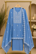 Sky Blue Chikankari Embroidered 3-Piece Kurta Set with Cutwork Dupatta Q562898