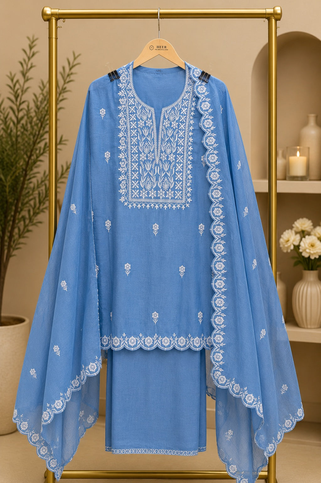 Sky Blue Chikankari Embroidered 3-Piece Kurta Set with Cutwork Dupatta Q562898