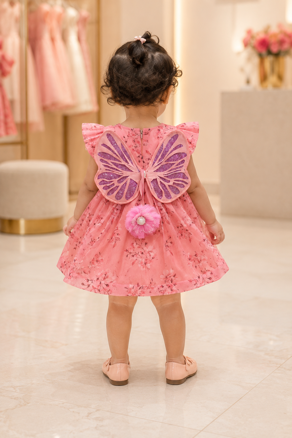 Pink Floral Tulle Flutter-Sleeve butterfly Party Gown q562957