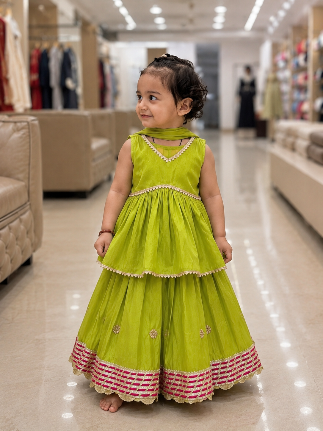 Lime Green Embroidered  Kurta & Skirt Set for Kids q562953