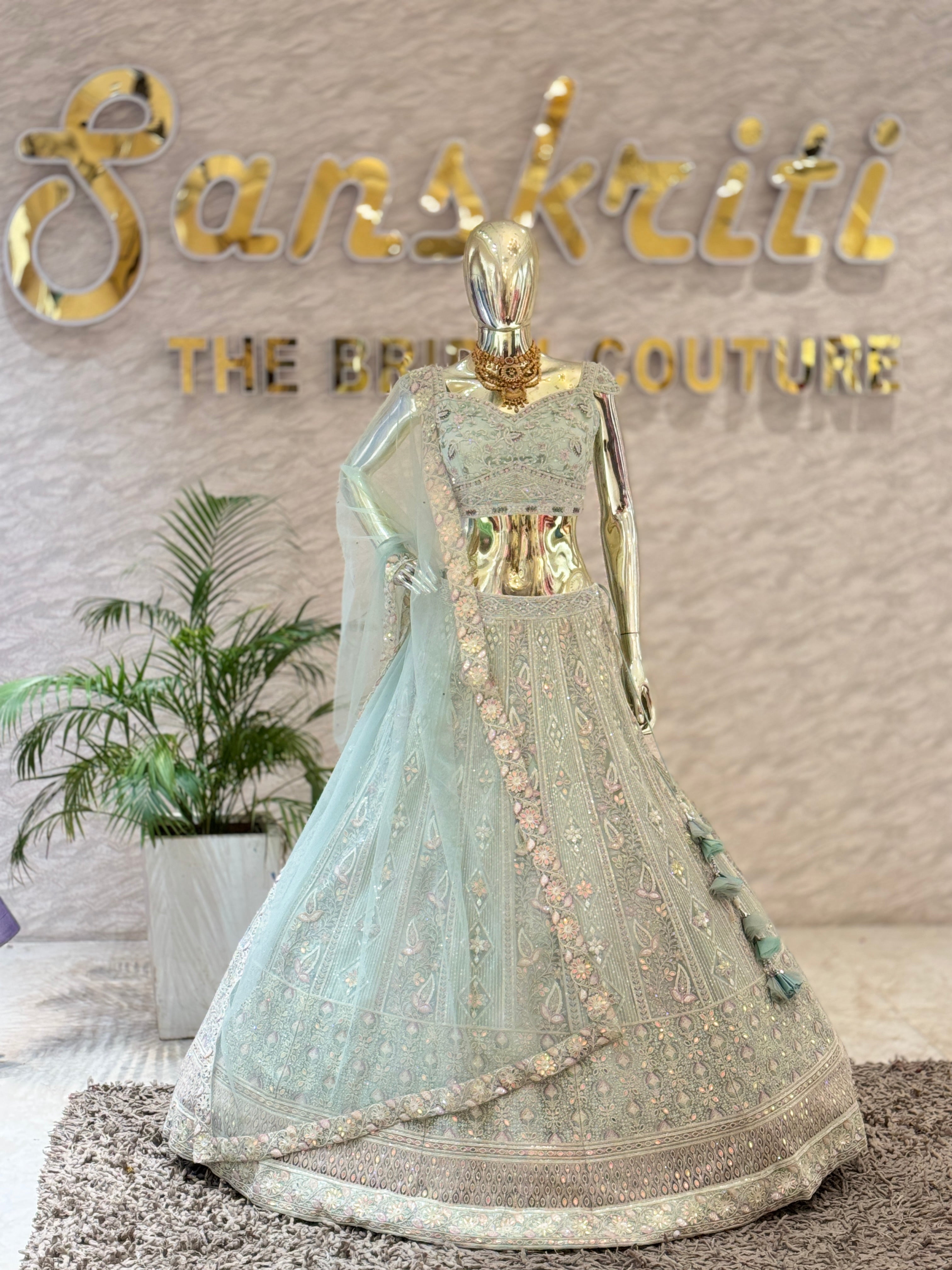 Sky Blue Chicken Kari & Sequin Work Readymade Lehenga Set 109607