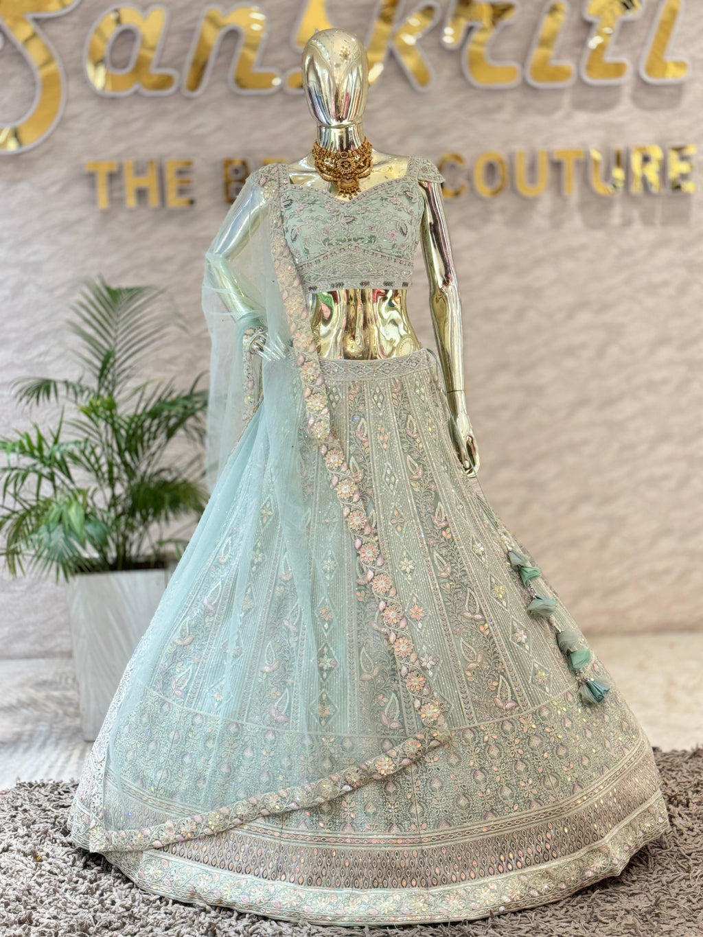 Sky Blue Chicken Kari & Sequin Work Readymade Lehenga Set 109607