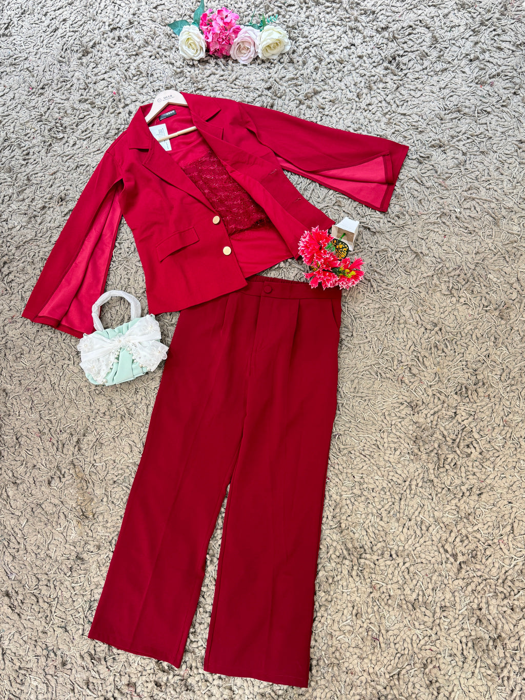 Q562544 Wine Red 3-Piece Party Wear Co-ord Set with Sequin Crop Top & Blazer