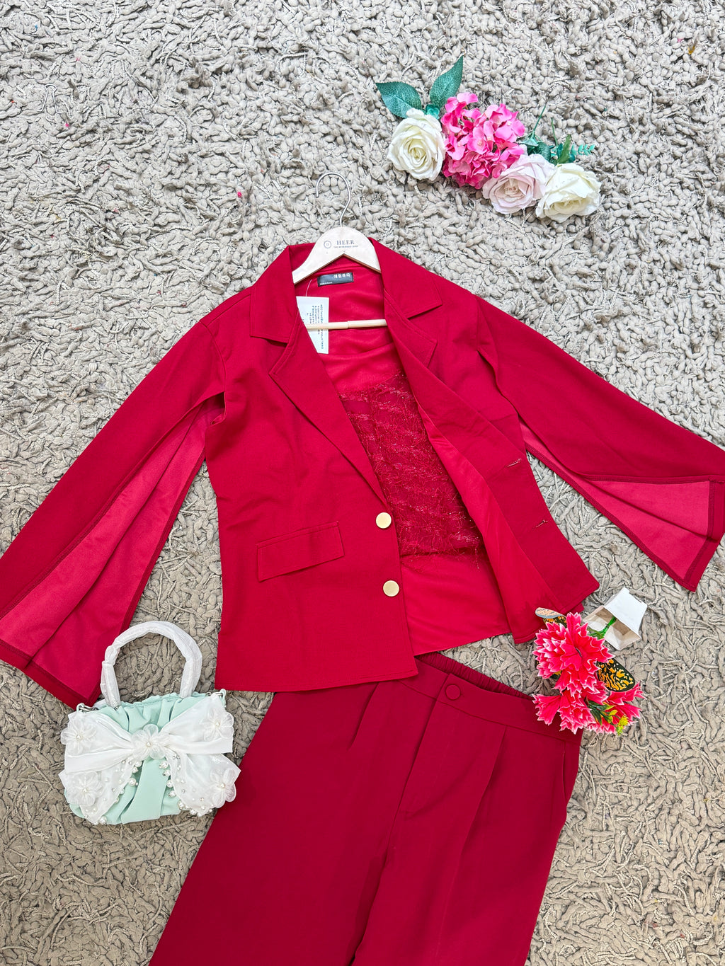 Q562544 Wine Red 3-Piece Party Wear Co-ord Set with Sequin Crop Top & Blazer
