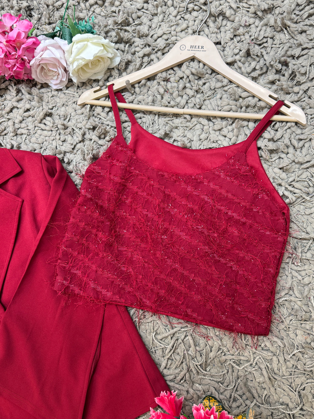 Q562544 Wine Red 3-Piece Party Wear Co-ord Set with Sequin Crop Top & Blazer