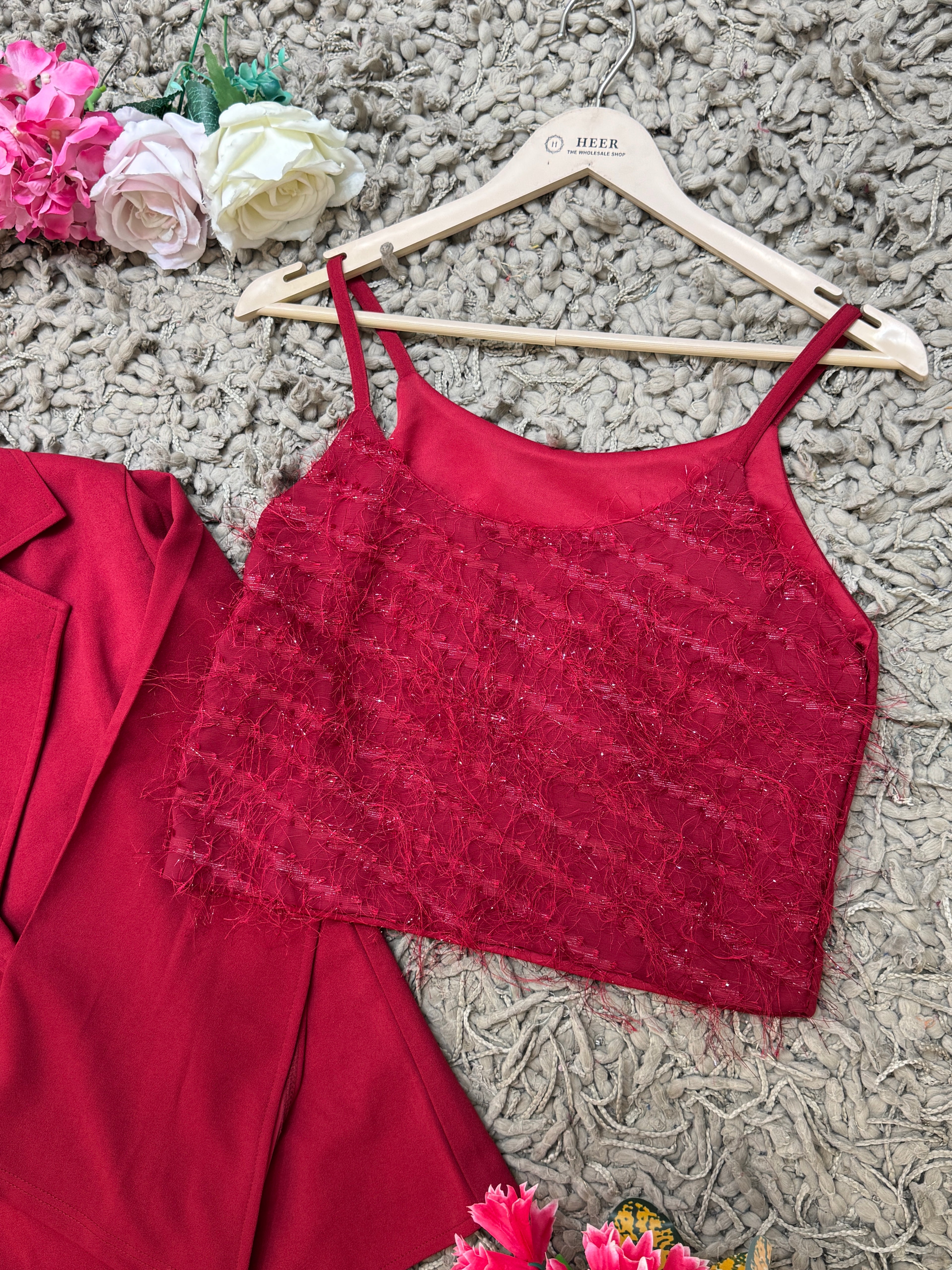 Q562544 Wine Red 3-Piece Party Wear Co-ord Set with Sequin Crop Top & Blazer