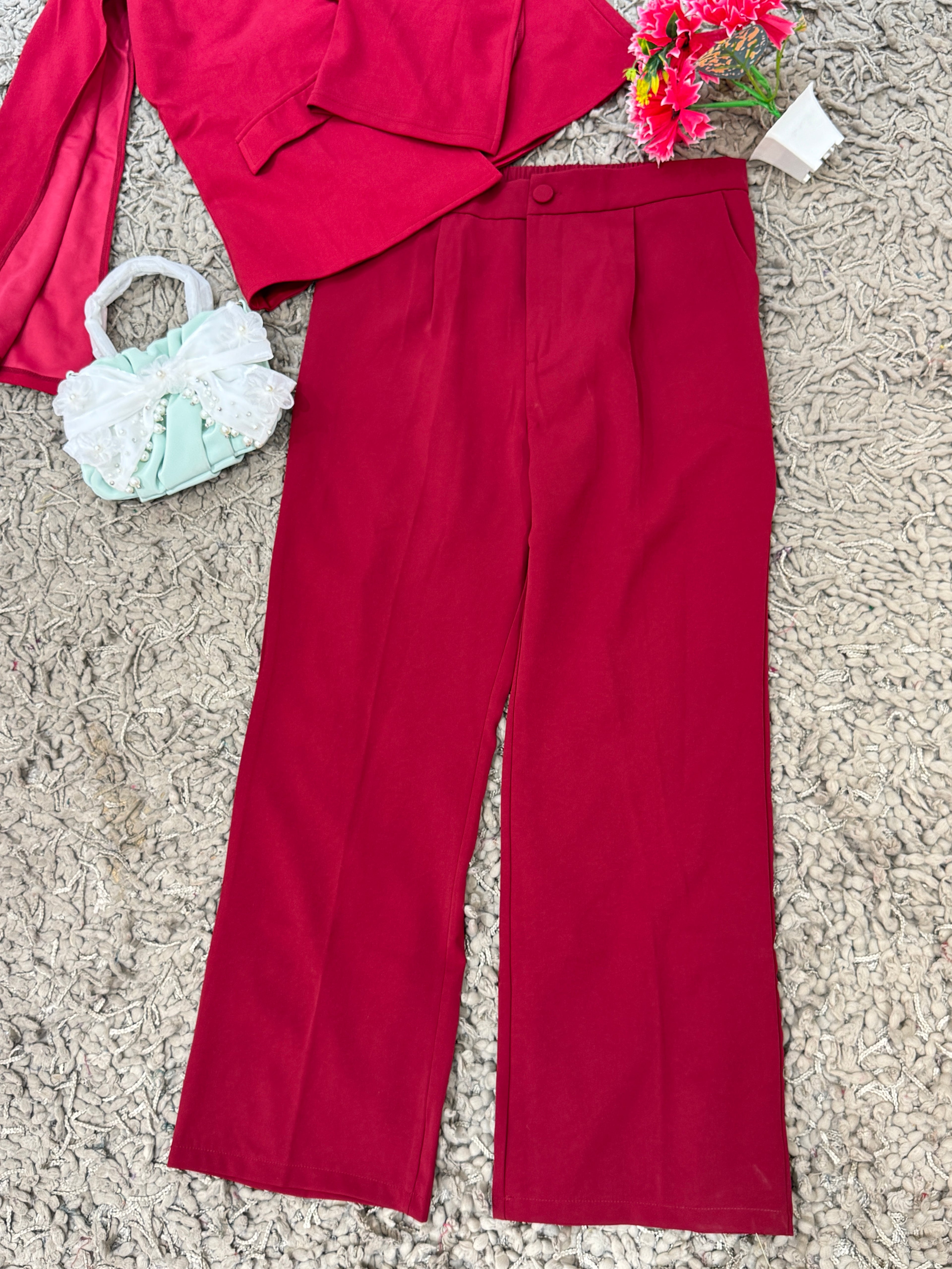 Q562544 Wine Red 3-Piece Party Wear Co-ord Set with Sequin Crop Top & Blazer