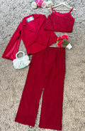Q562544 Wine Red 3-Piece Party Wear Co-ord Set with Sequin Crop Top & Blazer