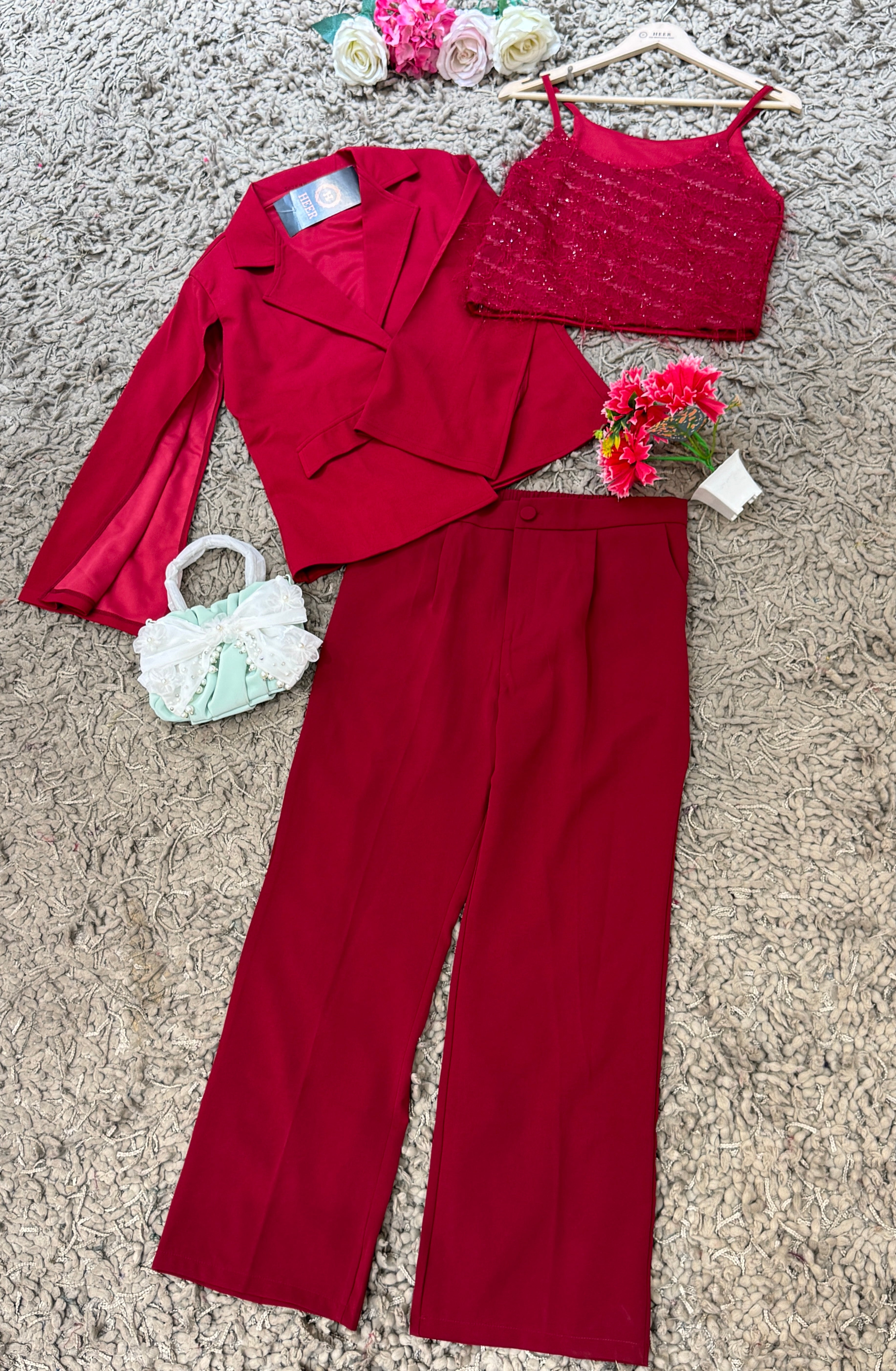 Q562544 Wine Red 3-Piece Party Wear Co-ord Set with Sequin Crop Top & Blazer