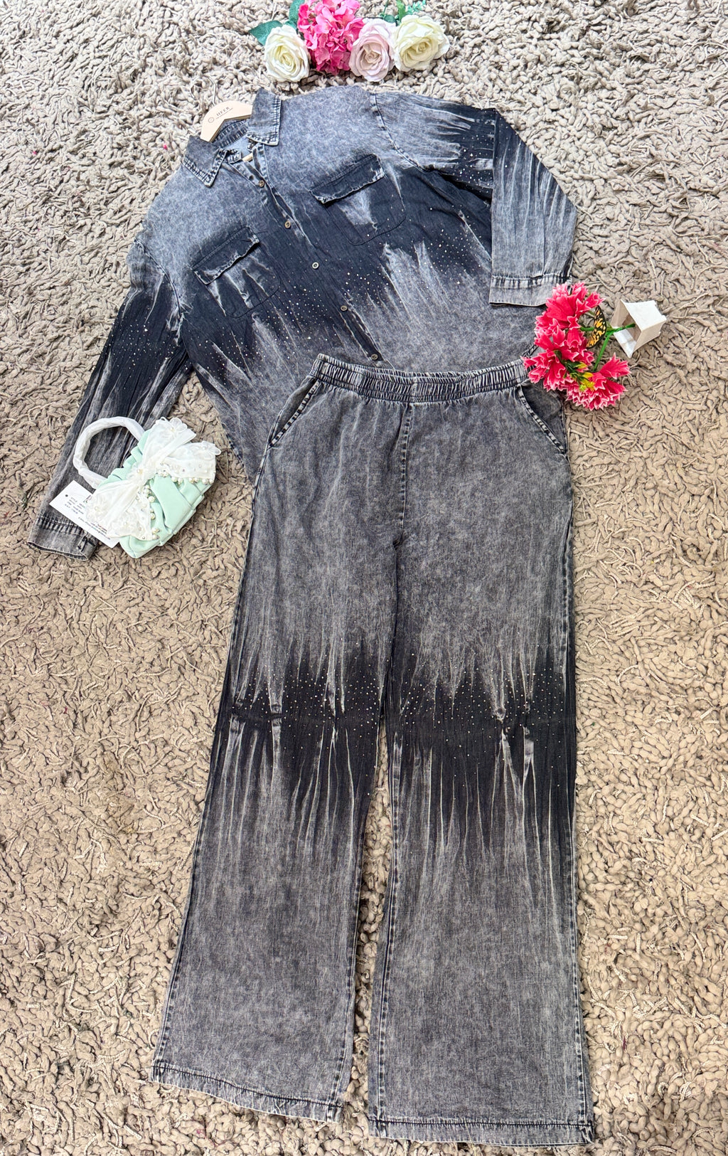 Q561473 Stylish Denim Co-ord Set with Ombre Wash Wide Leg Pants