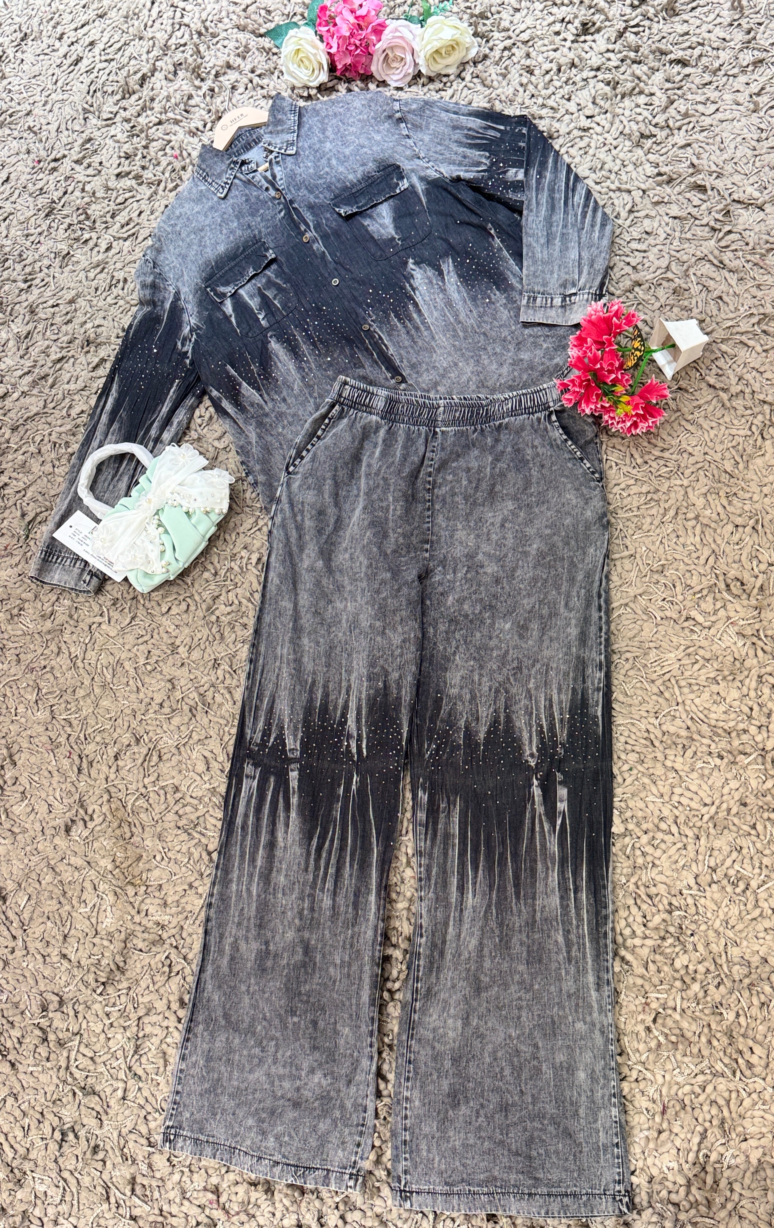 Q561473 Stylish Denim Co-ord Set with Ombre Wash Wide Leg Pants