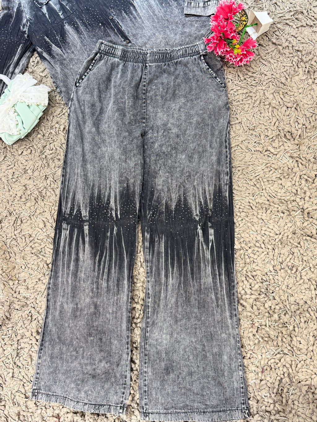 Q561473 Stylish Denim Co-ord Set with Ombre Wash Wide Leg Pants