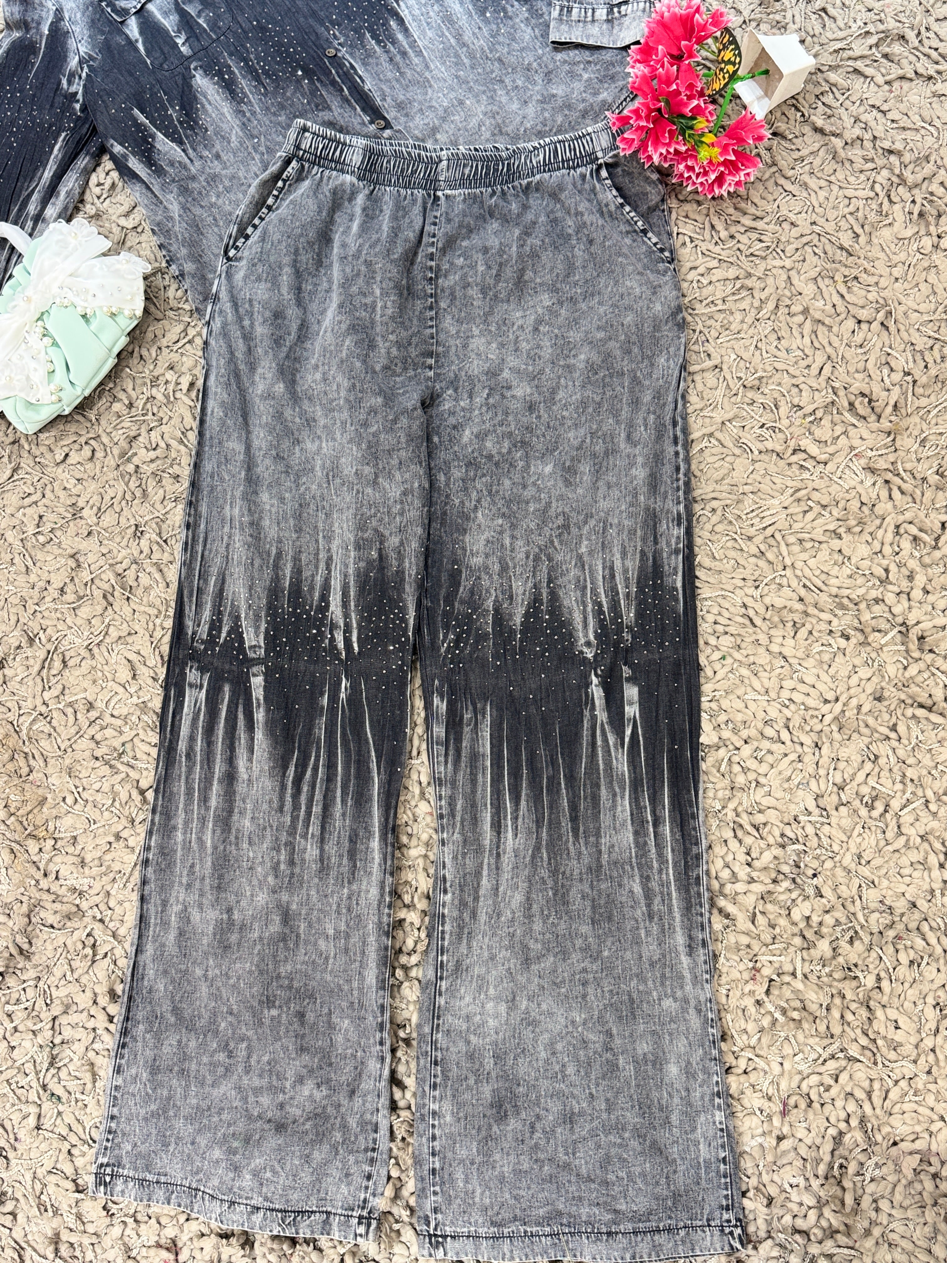 Q561473 Stylish Denim Co-ord Set with Ombre Wash Wide Leg Pants