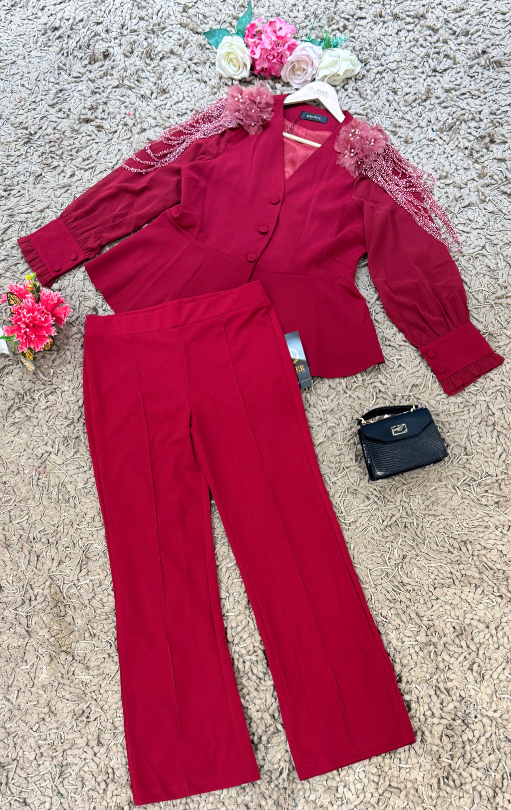 Q562556 Elegant Wine Red Embellished Co-Ord Set for Women