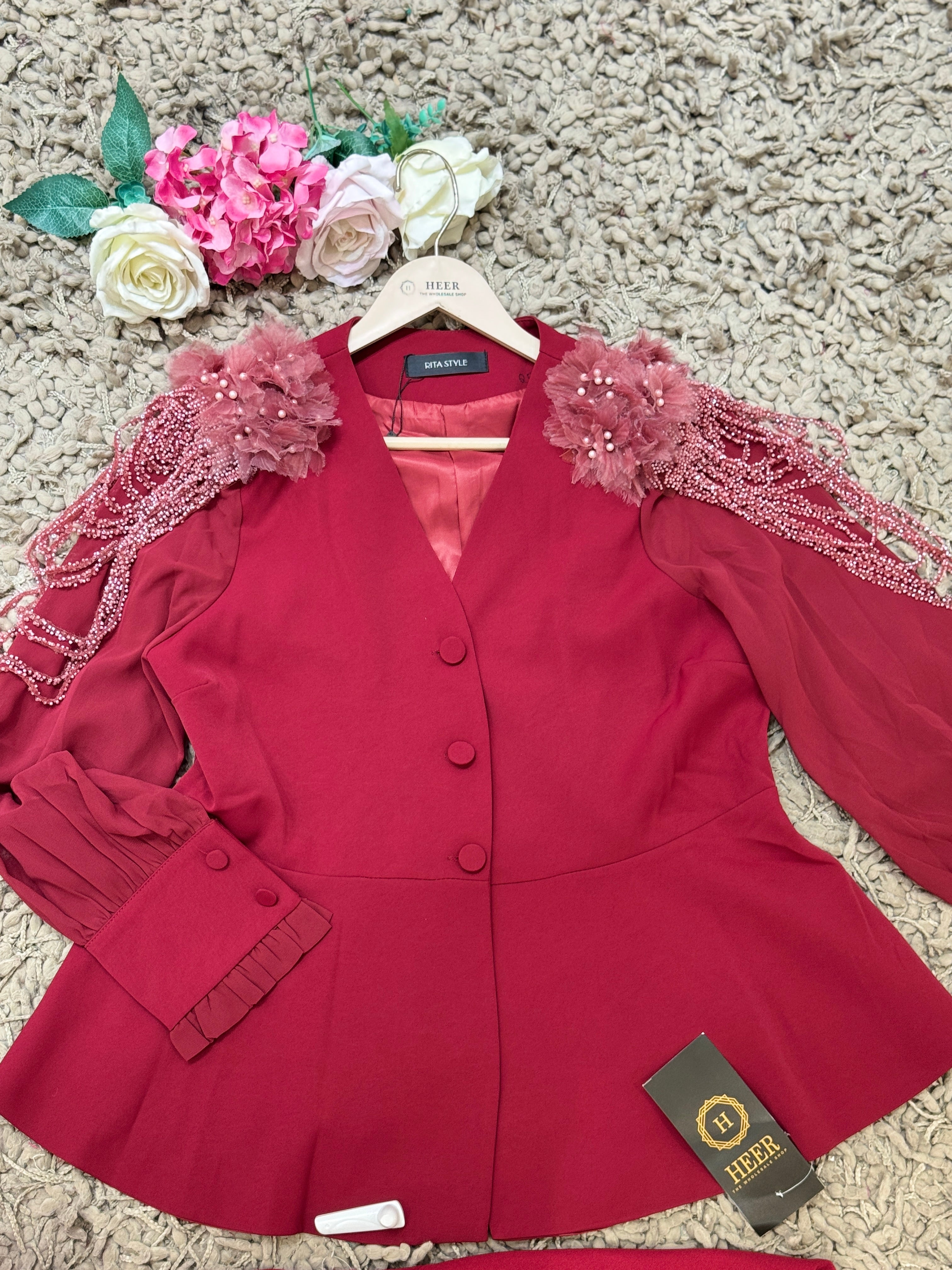 Q562556 Elegant Wine Red Embellished Co-Ord Set for Women