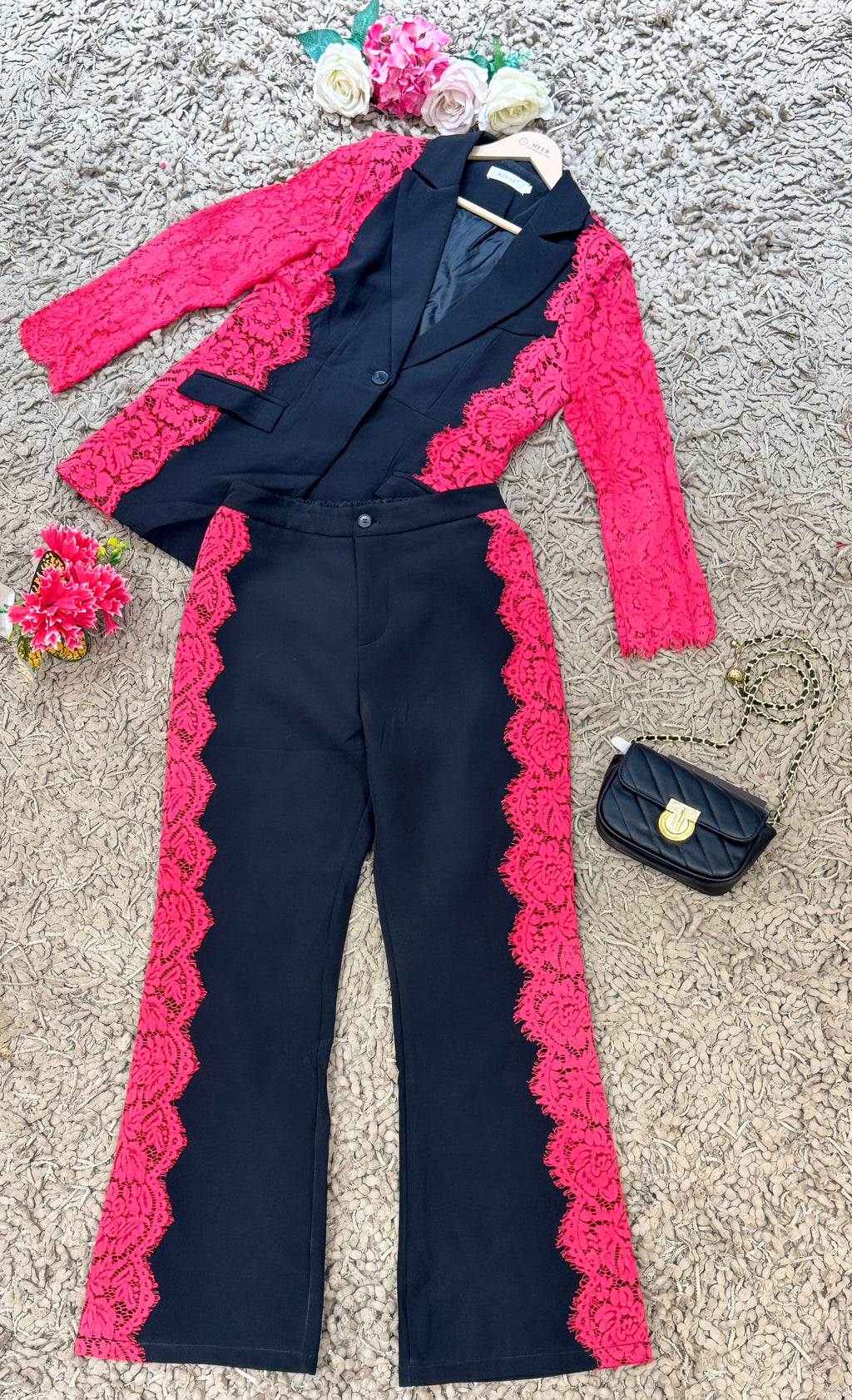 Q56721 Black Designer Co-ord Set with Pink Floral Lace Detailing